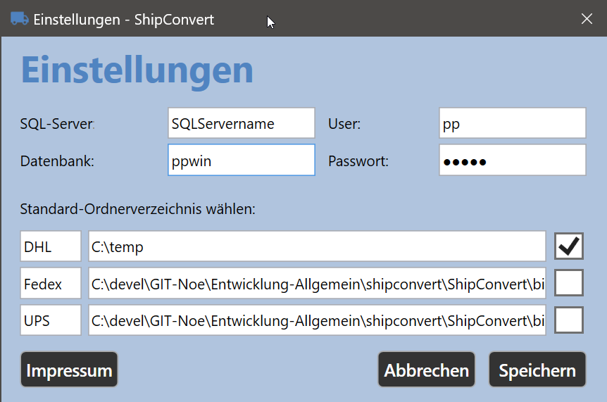 ShipConvert - Einstellungen